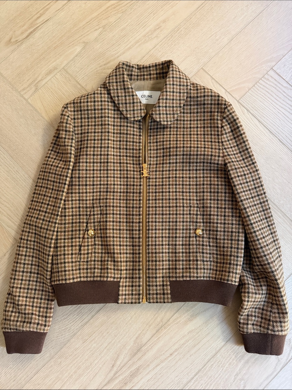 Celine Brown Houndstooth Bomber Jacket with Gold Hardware